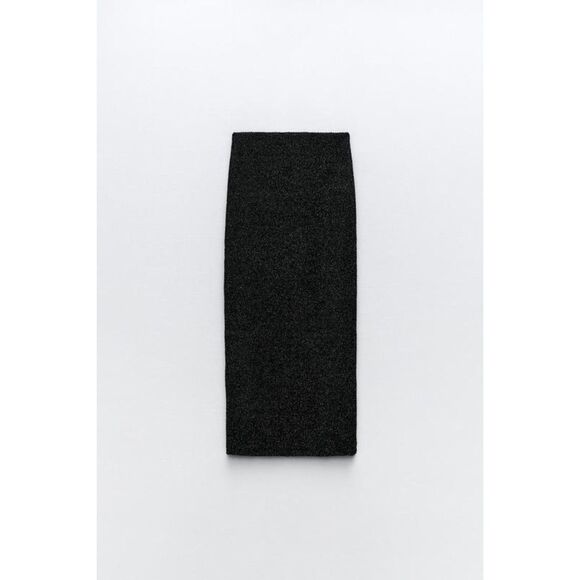 Black Zara Metallic Thread Boucle Elastic Waist Knit Pencil Midi Skirt (NWT) - Picture 6 of 10